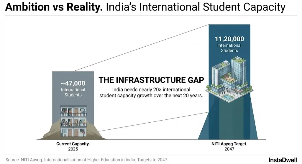 Ambition vs reality showing India’s international student capacity gap between current levels and NITI Aayog 2047 target