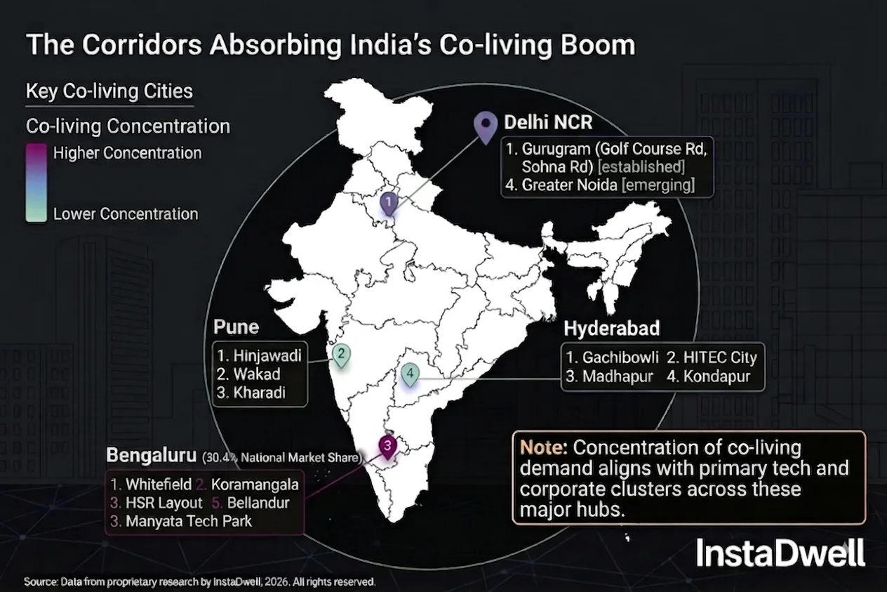 Map of key co-living demand corridors in Bengaluru, Hyderabad, Pune, and Delhi NCR